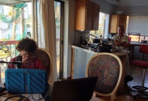 Our high-tech studio at the Sandbox Inn. I am getting prepared to go on-air and Art Mendoza (Accomplice Entertainment) prepares to produce the show.